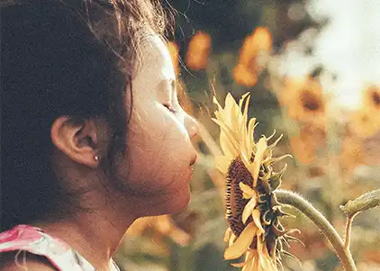 calendario_corsi_il_nido_dei_sensi una bimba annusa un girasole in un campo
